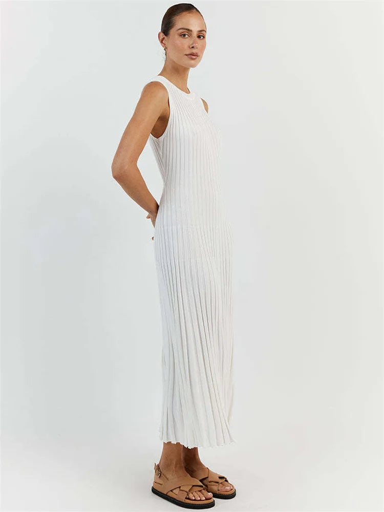 Knitwear White Casual Long Dress For Women Sleeveless High Waist Slim Strapless Loose Dress Solid Basic Ladies Maxi Dress