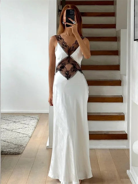 Vestido largo de encaje sin espalda y calado para mujer, vestido de fiesta elegante de cintura alta con estampado de patchwork y cintura alta, vestido largo para mujer