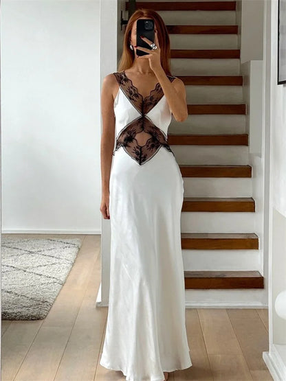 Vestido largo de encaje sin espalda y calado para mujer, vestido de fiesta elegante de cintura alta con estampado de patchwork y cintura alta, vestido largo para mujer