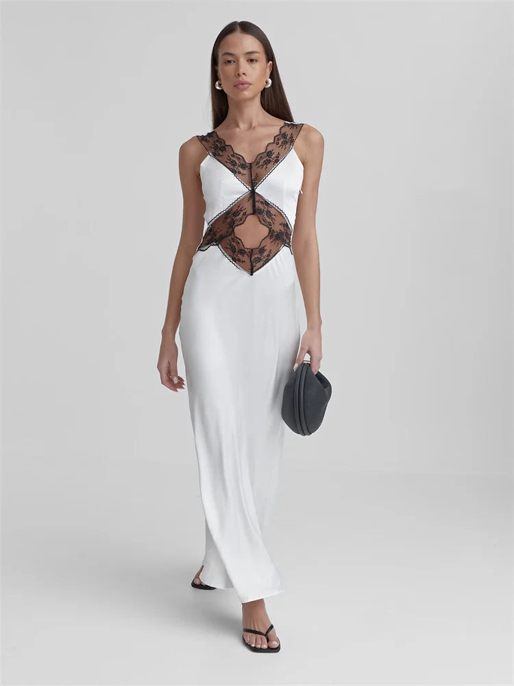 Vestido largo de encaje sin espalda y calado para mujer, vestido de fiesta elegante de cintura alta con estampado de patchwork y cintura alta, vestido largo para mujer