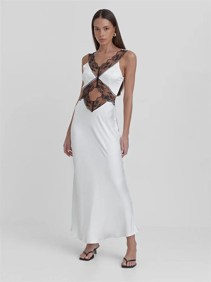 Vestido largo de encaje sin espalda y calado para mujer, vestido de fiesta elegante de cintura alta con estampado de patchwork y cintura alta, vestido largo para mujer