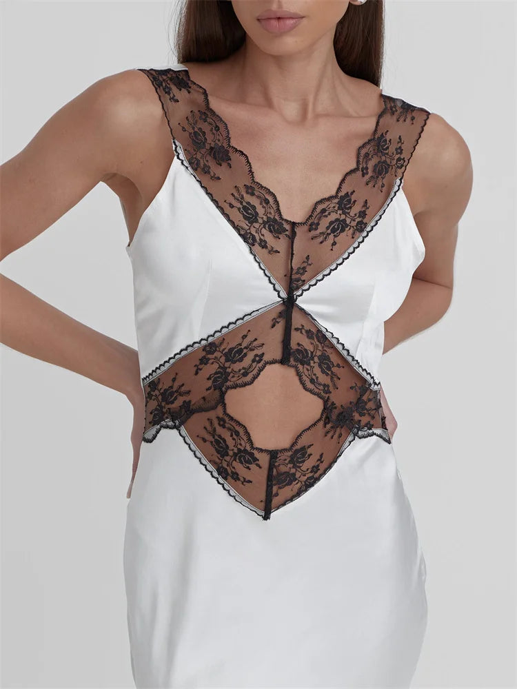 Vestido largo de encaje sin espalda y calado para mujer, vestido de fiesta elegante de cintura alta con estampado de patchwork y cintura alta, vestido largo para mujer