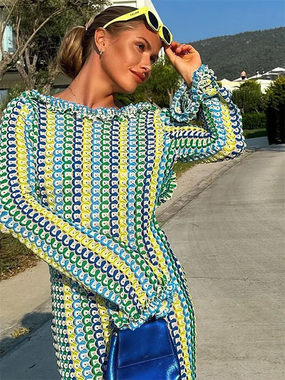 Lace Beach Holiday Long Dress Backless Female Hollow Out Patchwork Elegant Loose Contrast Party Dress Women Maxi Dress