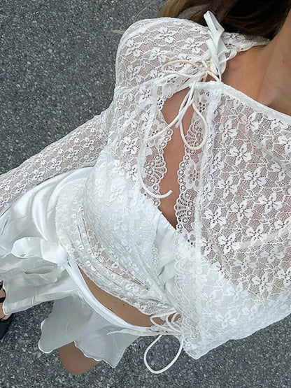 Lace Hollow Out Printed T-shirt Cardigan For Women See-Through Sexy Inner Crop top Patchwork Lace-Up Elegant Y2k Top 2025
