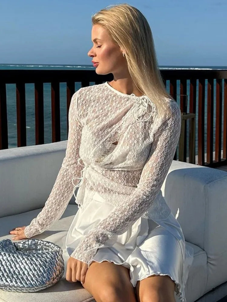 Lace Hollow Out Printed T-shirt Cardigan For Women See-Through Sexy Inner Crop top Patchwork Lace-Up Elegant Y2k Top 2025