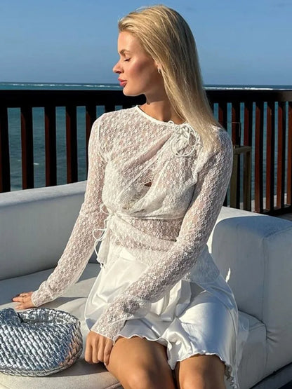 Lace Hollow Out Printed T-shirt Cardigan For Women See-Through Sexy Inner Crop top Patchwork Lace-Up Elegant Y2k Top 2025