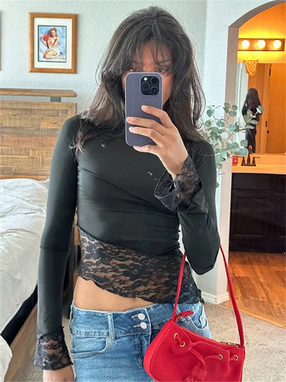 Lace Patchwork See-Through Crop top For Women Fashion Sexy Long Sleeve Slim Patchwork Cropped Y2k Top Female Clothes Tee