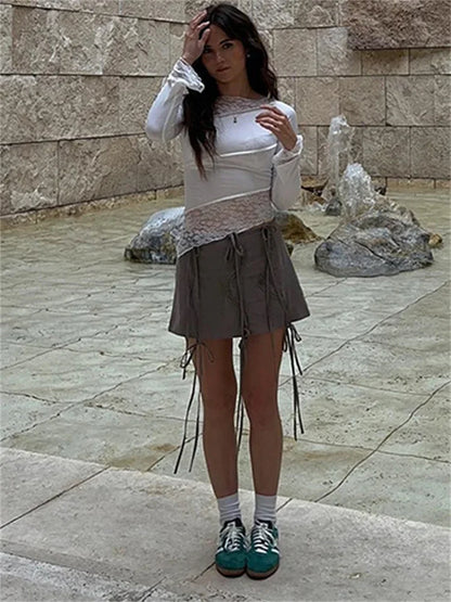 Lace Patchwork See-Through Crop top For Women Fashion Sexy Long Sleeve Slim Patchwork Cropped Y2k Top Female Clothes Tee