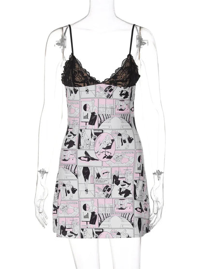 Lace Printed Fashion Halter Dresses Women’s Sexy V-Neck Backless Contrast Spaghetti Night Club Clothes Female Mini Dress