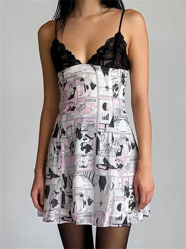 Lace Printed Fashion Halter Dresses Women’s Sexy V-Neck Backless Contrast Spaghetti Night Club Clothes Female Mini Dress