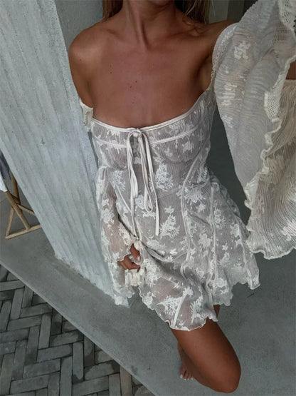 Vestido mini con encaje estampado y cordones para mujer, con volantes, cuello cuadrado, ajustado, sexy, transparente, estilo vendaje.
