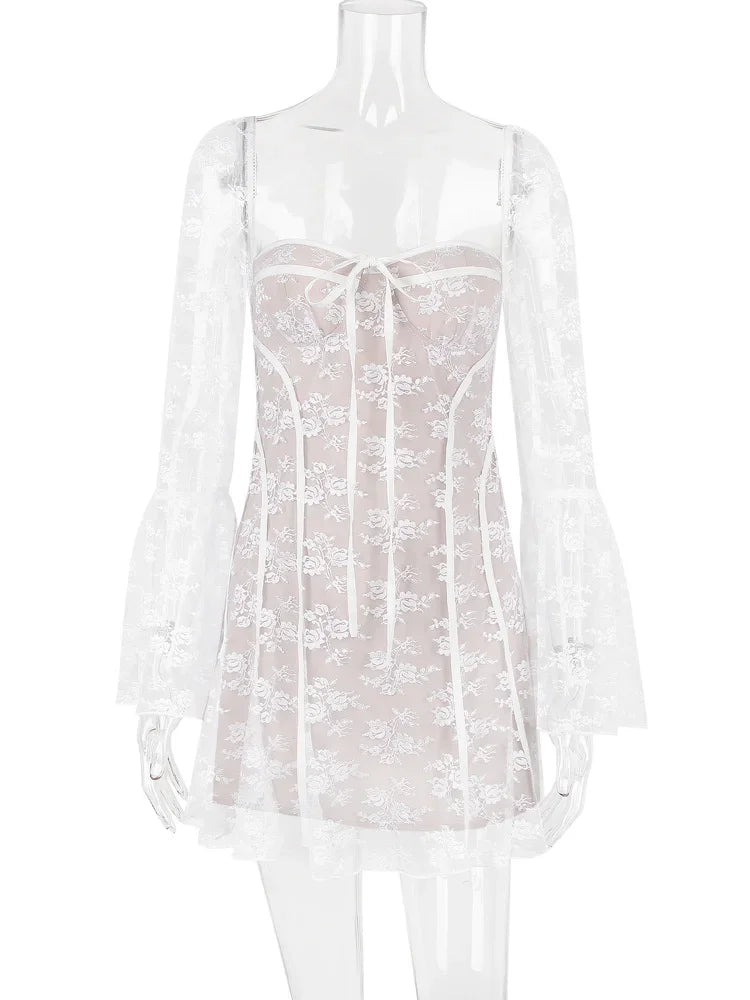 Vestido mini con encaje estampado y cordones para mujer, con volantes, cuello cuadrado, ajustado, sexy, transparente, estilo vendaje.