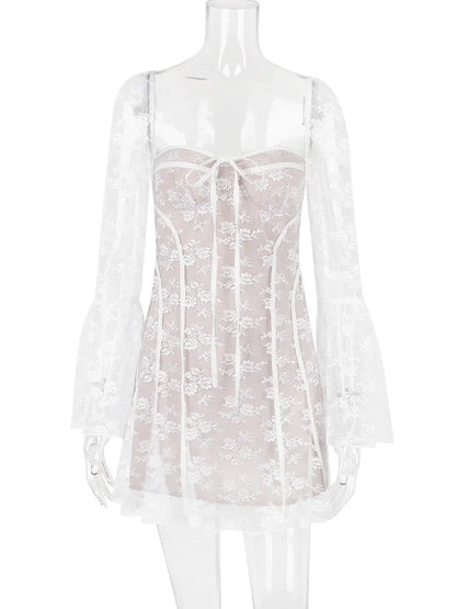 Vestido mini con encaje estampado y cordones para mujer, con volantes, cuello cuadrado, ajustado, sexy, transparente, estilo vendaje.