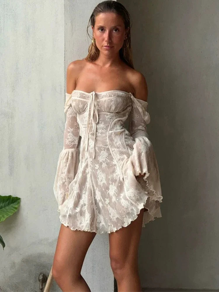 Vestido mini con encaje estampado y cordones para mujer, con volantes, cuello cuadrado, ajustado, sexy, transparente, estilo vendaje.