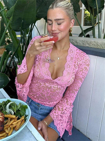 Lace See-Through Sexy Y2k Top T-shirt Women V-Neck Patchwork Hollow Out Fashion Cropped Top Night Club Clothes Crop top