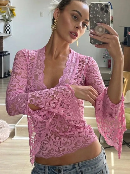 Lace See-Through Sexy Y2k Top T-shirt Women V-Neck Patchwork Hollow Out Fashion Cropped Top Night Club Clothes Crop top