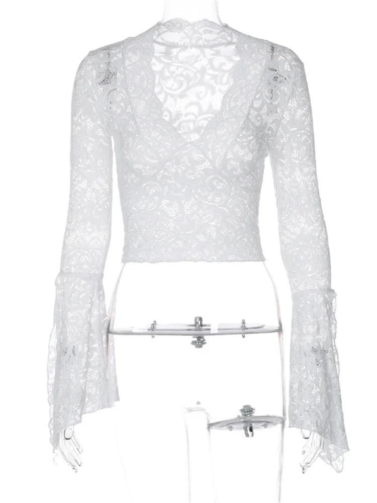 Lace See-Through Sexy Y2k Top T-shirt Women V-Neck Patchwork Hollow Out Fashion Cropped Top Night Club Clothes Crop top
