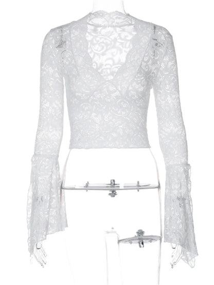 Lace See-Through Sexy Y2k Top T-shirt Women V-Neck Patchwork Hollow Out Fashion Cropped Top Night Club Clothes Crop top