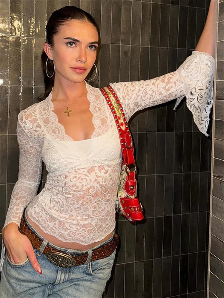 Lace See-Through Sexy Y2k Top T-shirt Women V-Neck Patchwork Hollow Out Fashion Cropped Top Night Club Clothes Crop top