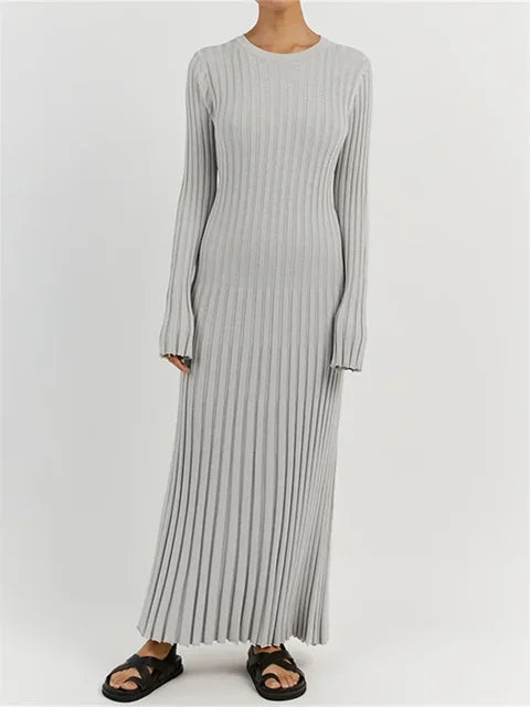 Vestido largo de punto con cordones para mujer: otoño, cintura alta, patchwork, manga larga, liso, estilo vendaje.