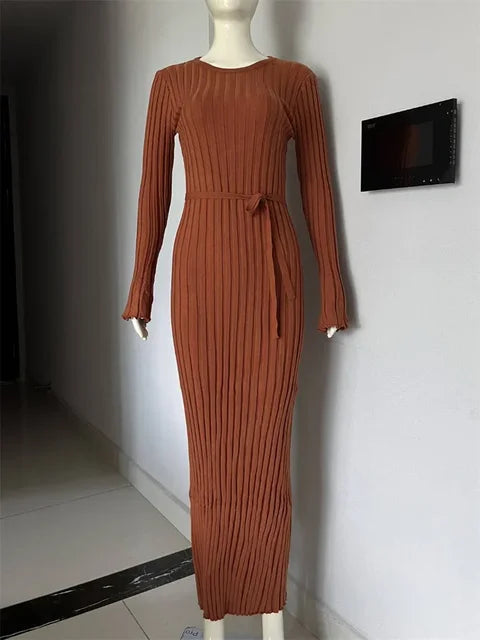 Vestido largo de punto con cordones para mujer: otoño, cintura alta, patchwork, manga larga, liso, estilo vendaje.