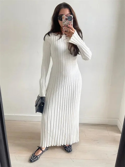 Vestido largo de punto con cordones para mujer: otoño, cintura alta, patchwork, manga larga, liso, estilo vendaje.