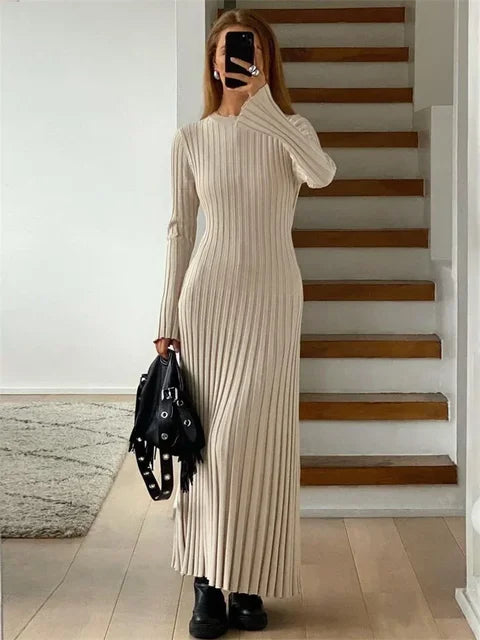 Vestido largo de punto con cordones para mujer: otoño, cintura alta, patchwork, manga larga, liso, estilo vendaje.