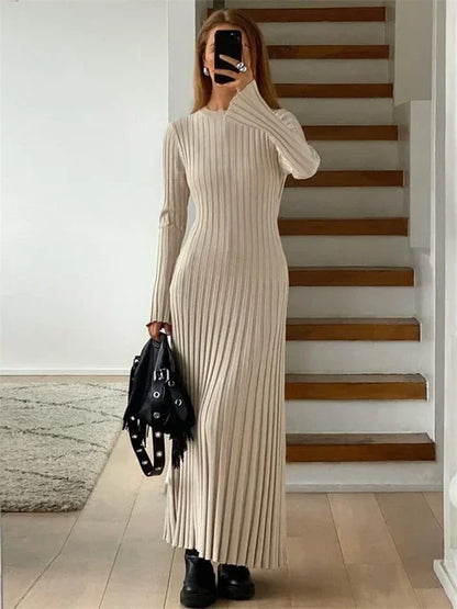 Vestido largo de punto con cordones para mujer: otoño, cintura alta, patchwork, manga larga, liso, estilo vendaje.