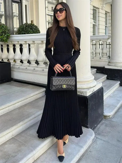 Vestido largo de punto con cordones para mujer: otoño, cintura alta, patchwork, manga larga, liso, estilo vendaje.
