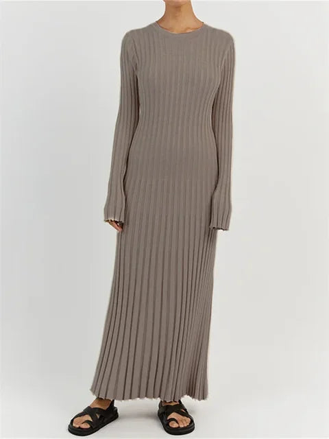 Vestido largo de punto con cordones para mujer: otoño, cintura alta, patchwork, manga larga, liso, estilo vendaje.
