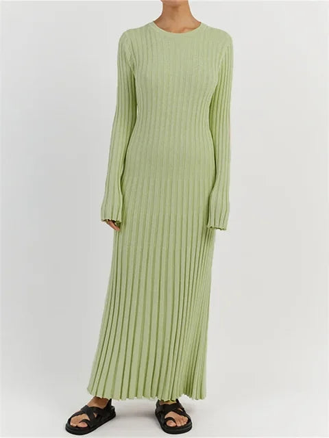 Vestido largo de punto con cordones para mujer: otoño, cintura alta, patchwork, manga larga, liso, estilo vendaje.