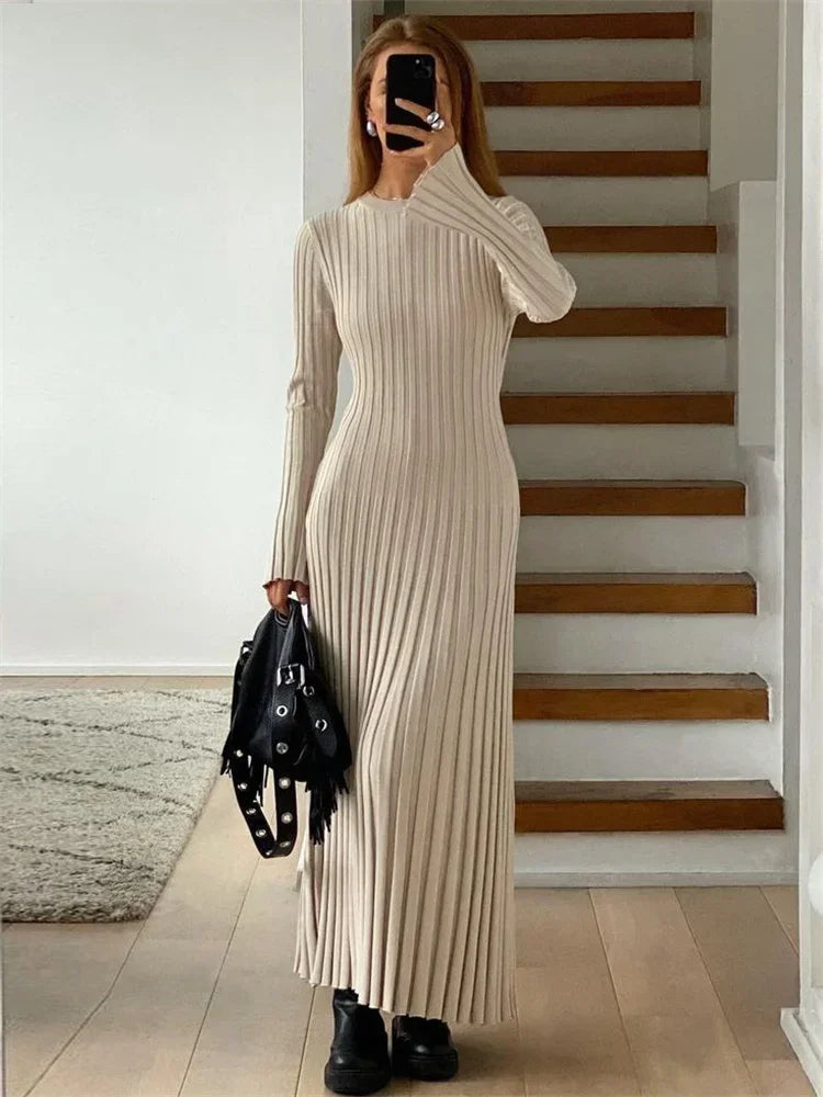 Vestido largo de punto con cordones para mujer: otoño, cintura alta, patchwork, manga larga, liso, estilo vendaje.