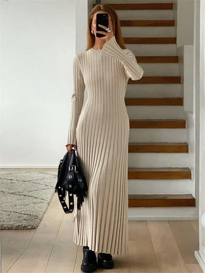 Vestido largo de punto con cordones para mujer: otoño, cintura alta, patchwork, manga larga, liso, estilo vendaje.
