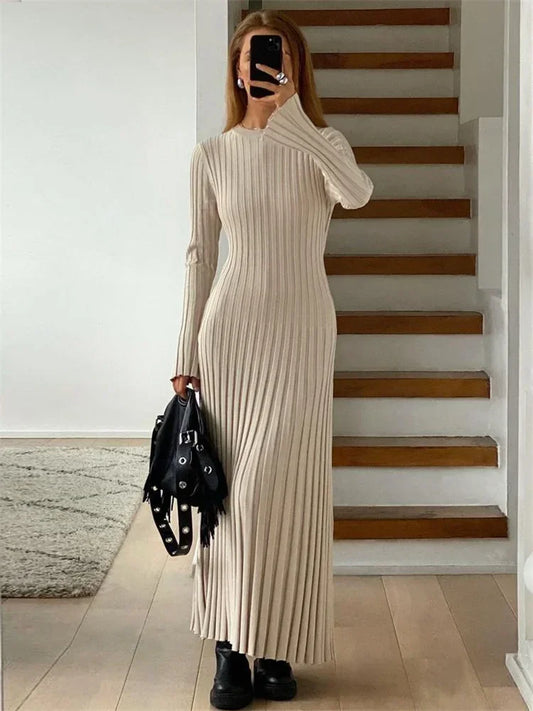 Lace-Up Female Knit Maxi Dress – Autumn High Waist Fashion Patchwork Long Sleeve Solid Bandage Knitwear Dress