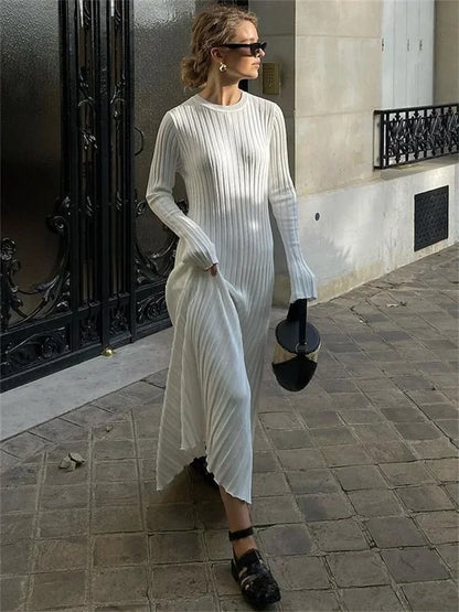 Vestido largo de punto con cordones para mujer: otoño, cintura alta, patchwork, manga larga, liso, estilo vendaje.