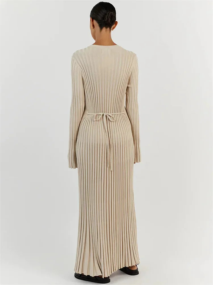 Vestido largo de punto con cordones para mujer: otoño, cintura alta, patchwork, manga larga, liso, estilo vendaje.
