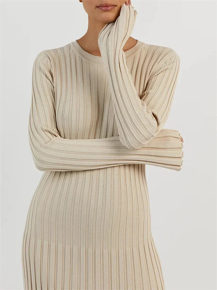 Vestido largo de punto con cordones para mujer: otoño, cintura alta, patchwork, manga larga, liso, estilo vendaje.