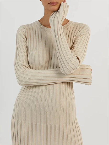 Vestido largo de punto con cordones para mujer: otoño, cintura alta, patchwork, manga larga, liso, estilo vendaje.