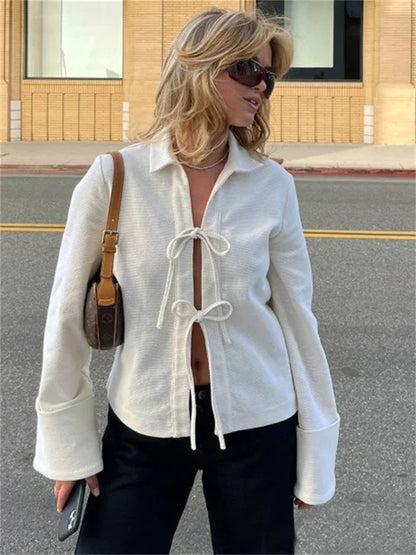 Lace-Up Hollow Out Lapel Cardigan Coat Women High Waist Patchwork Slim Bandage Outwear Clothes