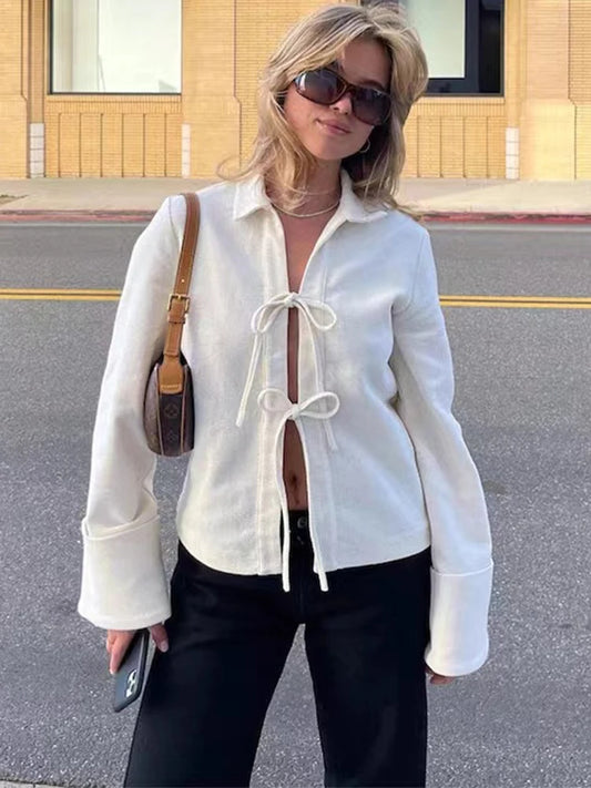 Cárdigan con solapa hueca y cordones para mujer, abrigo de cintura alta con parches, ropa de abrigo ajustada con vendaje