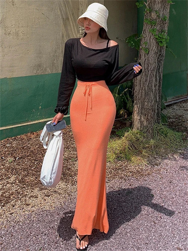 Lace-Up Slim High Waist Long Skirt Women Fashion Elegant Bandage Solid Autumn  Casual Drawstring Female Maxi Skirt