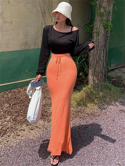 Lace-Up Slim High Waist Long Skirt Women Fashion Elegant Bandage Solid Autumn  Casual Drawstring Female Maxi Skirt