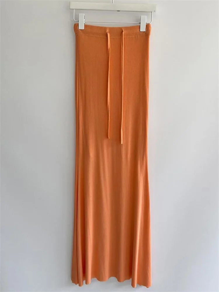 Lace-Up Slim High Waist Long Skirt Women Fashion Elegant Bandage Solid Autumn  Casual Drawstring Female Maxi Skirt