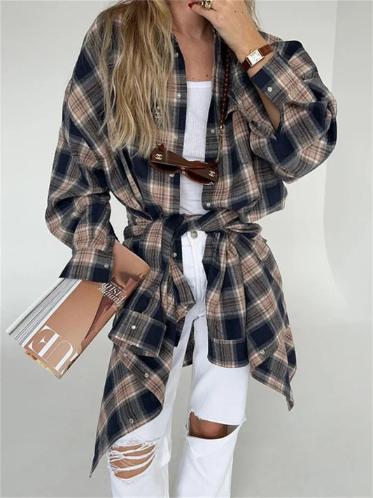 Lapel Autumn 2025 Shirts Outwear Fashion Ladies Contrast Long Sleeve Patchwork Elegant Women Coat Cardigan Female Shirts