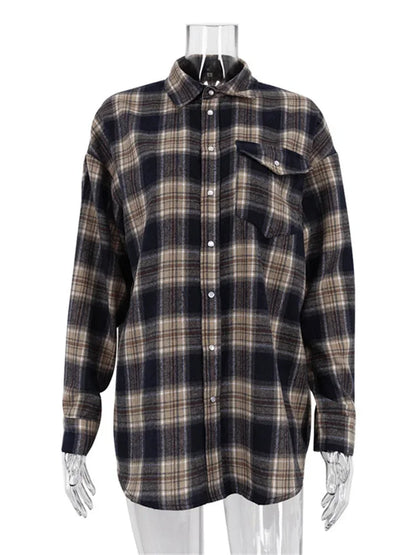 Lapel Autumn 2025 Shirts Outwear Fashion Ladies Contrast Long Sleeve Patchwork Elegant Women Coat Cardigan Female Shirts