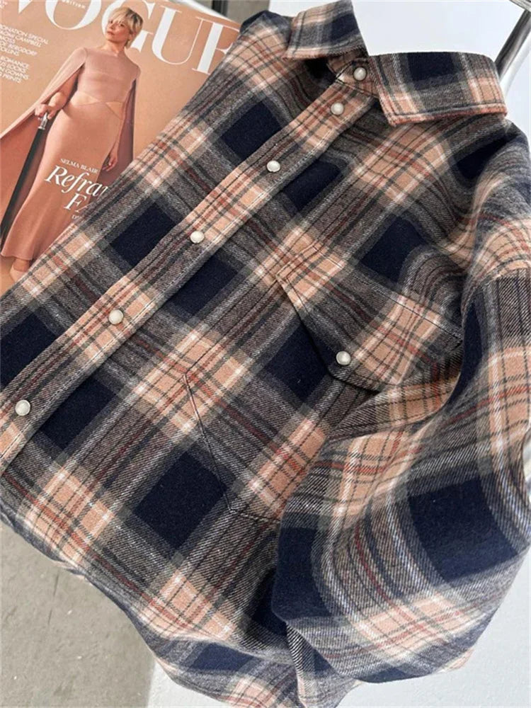 Lapel Autumn 2025 Shirts Outwear Fashion Ladies Contrast Long Sleeve Patchwork Elegant Women Coat Cardigan Female Shirts