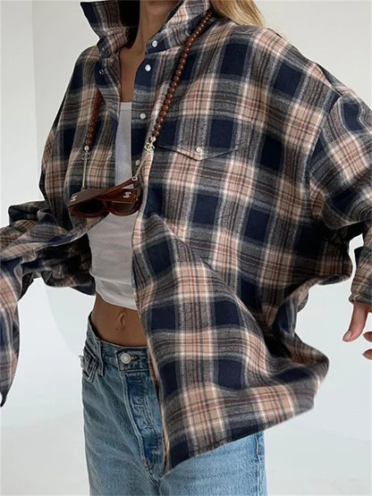 Lapel Autumn 2025 Shirts Outwear Fashion Ladies Contrast Long Sleeve Patchwork Elegant Women Coat Cardigan Female Shirts