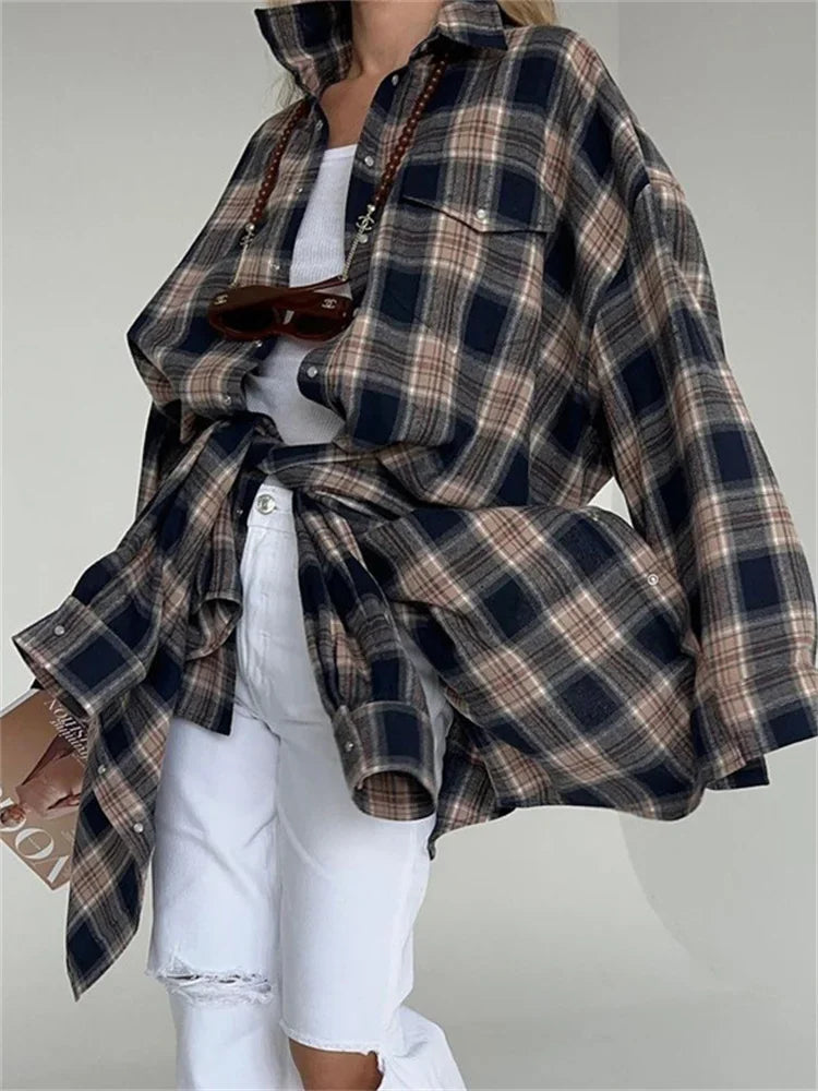 Lapel Autumn 2025 Shirts Outwear Fashion Ladies Contrast Long Sleeve Patchwork Elegant Women Coat Cardigan Female Shirts