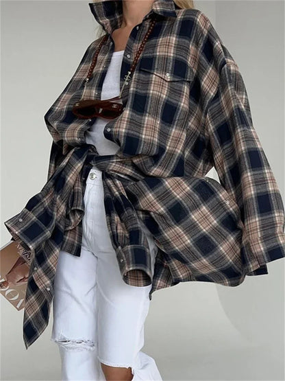 Lapel Autumn 2025 Shirts Outwear Fashion Ladies Contrast Long Sleeve Patchwork Elegant Women Coat Cardigan Female Shirts