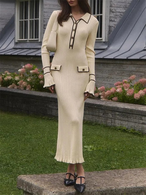 Lapel Contrast Mini Dress Ladies High Waist Autumn Ribbed Patchwork Long Sleeve Dress Fashion Elegant Ruffled Knit Dress